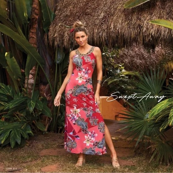 Boston Proper Red Floral Maxi Dress Halter Neck Tropical Vacation Resort Wear - Picture 1 of 15